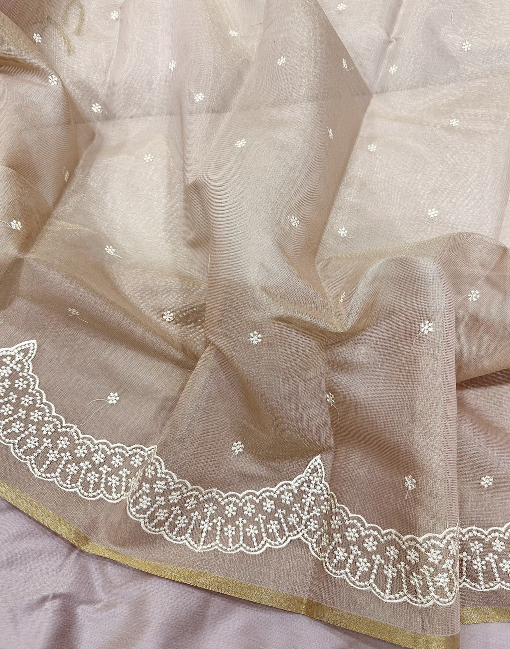 Beige Linen Tissue Unstitched Suit with Thread Embroidery