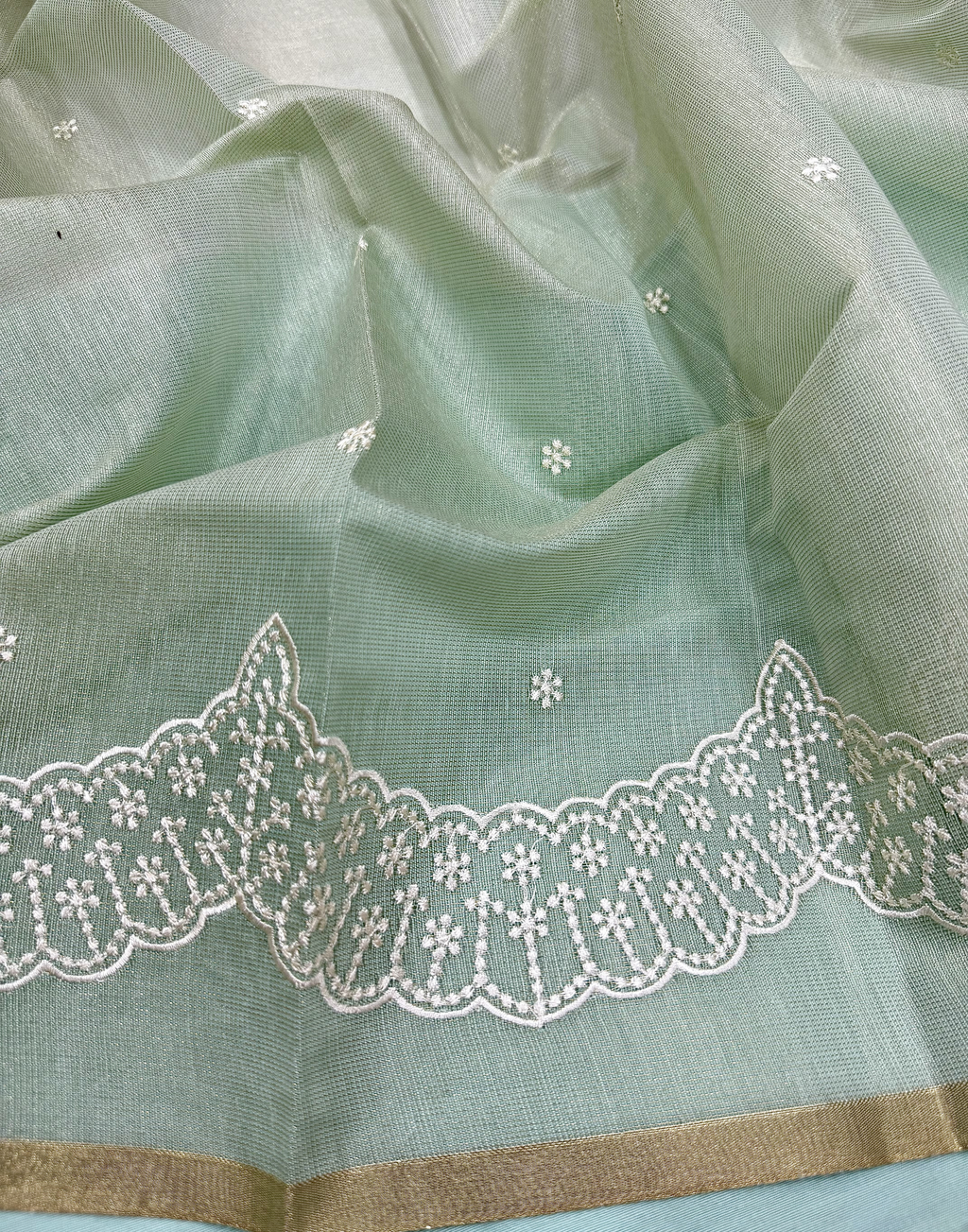 Mint Green Linen Tissue Unstitched Suit with Thread Embroidery