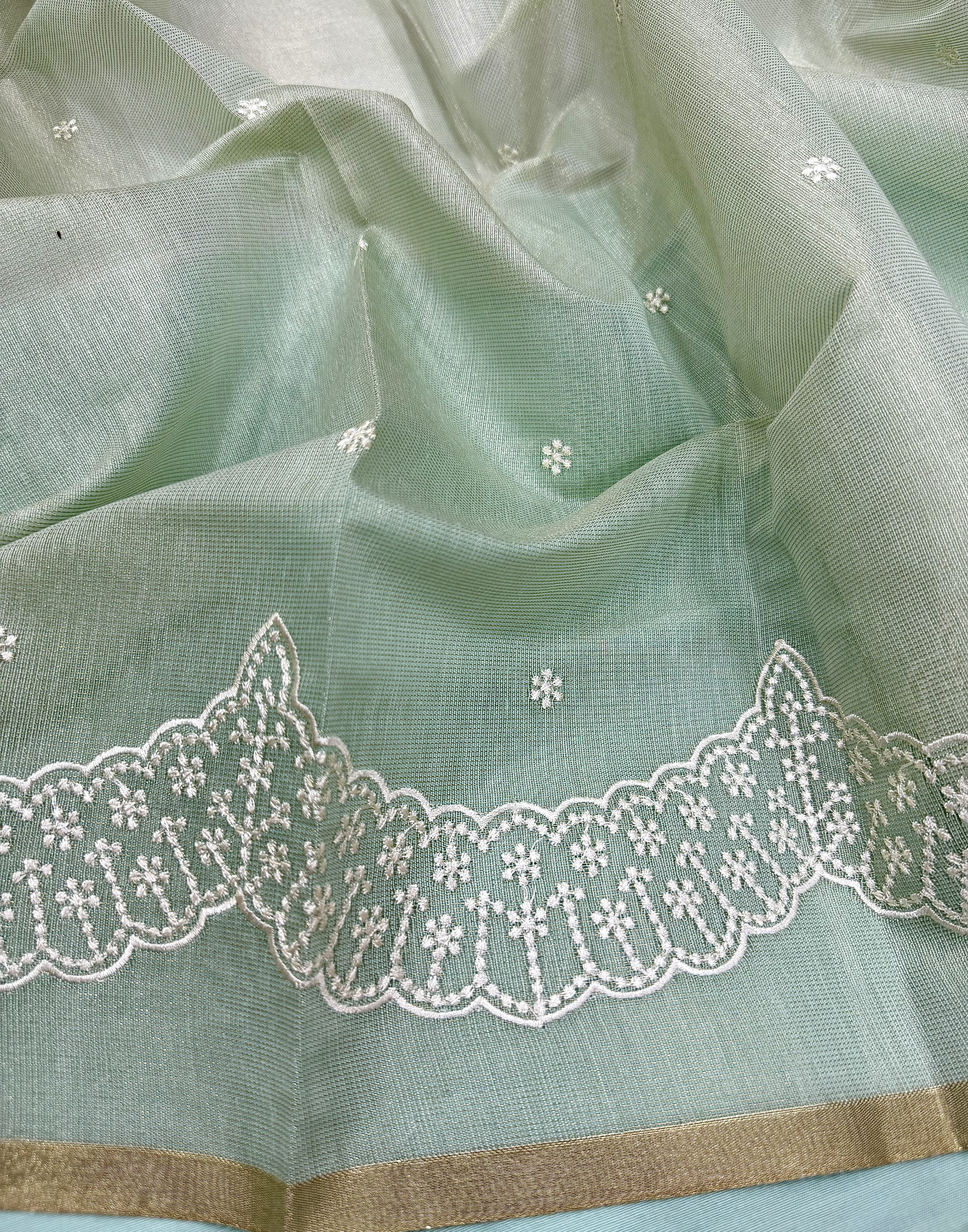 Mint Green Linen Tissue Unstitched Suit with Thread Embroidery
