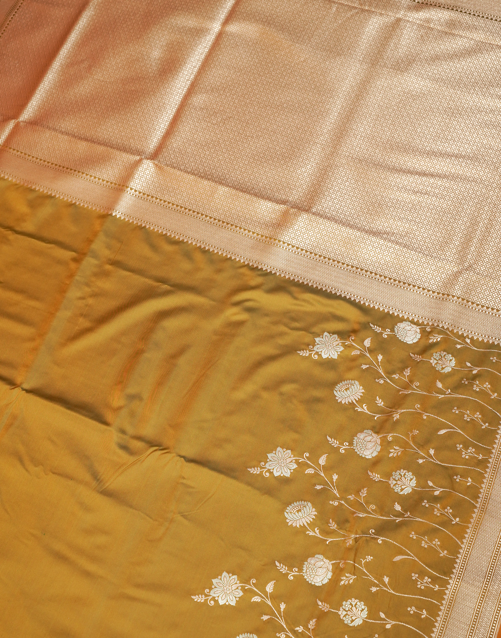 Mustard Gold Banarasi Mushroo Silk Saree with Floral Weaving & Zari Border