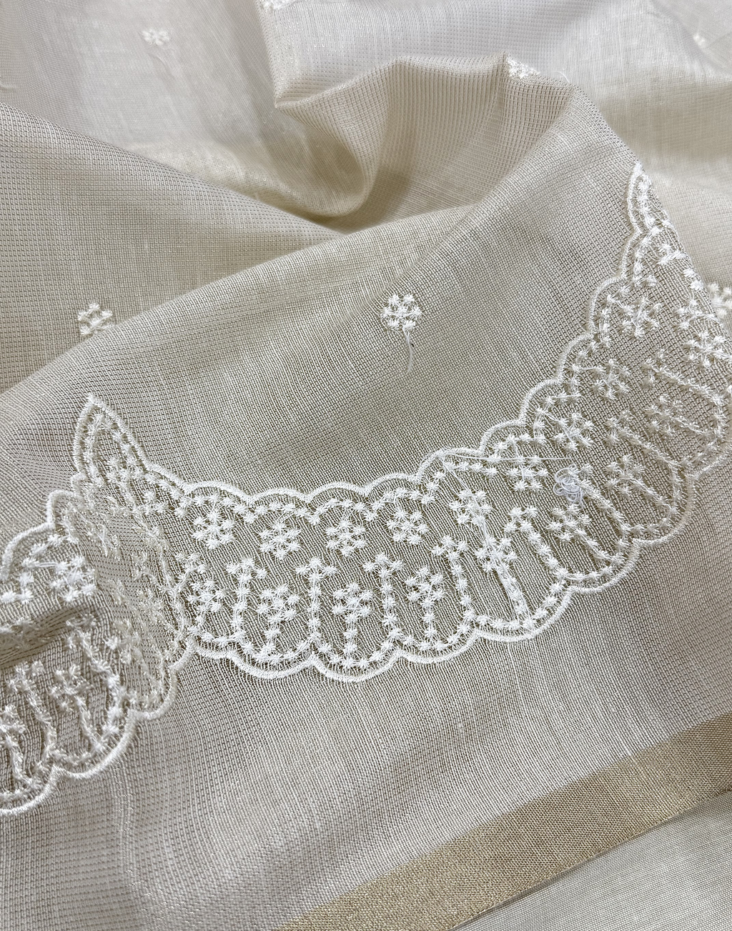 Off White Linen Tissue Unstitched Suit with Thread Embroidery