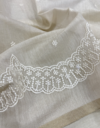 Off White Linen Tissue Unstitched Suit with Thread Embroidery