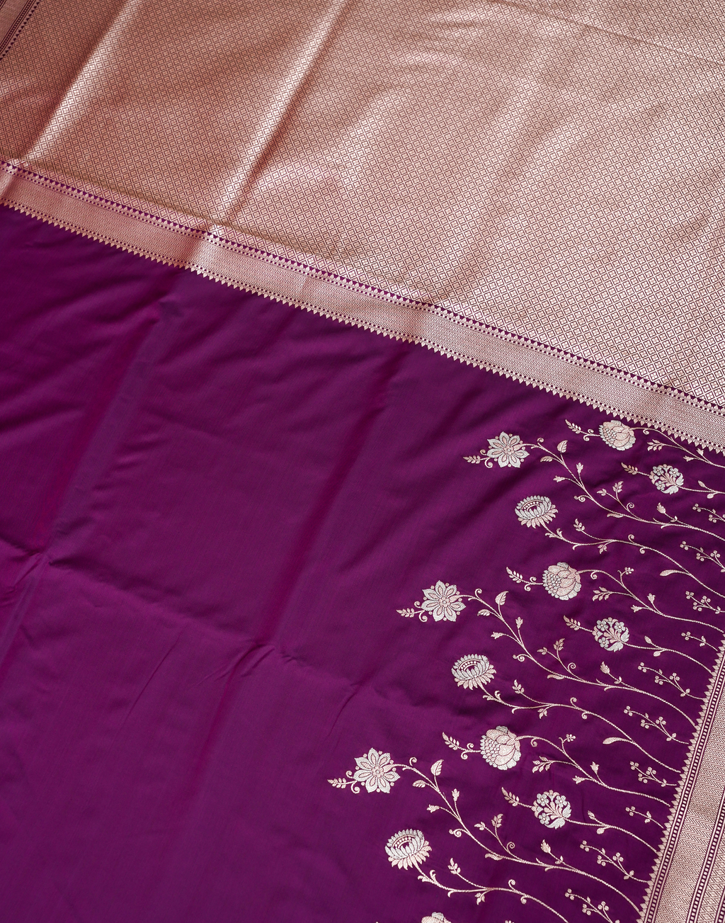Royal Purple Banarasi Mushroo Silk Saree with Floral Weaving & Zari Border