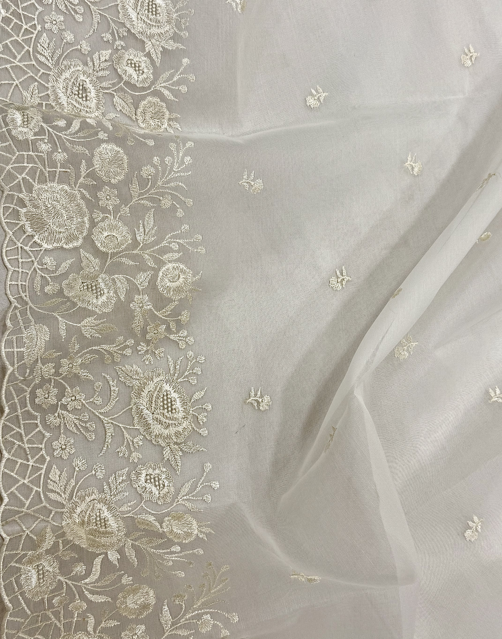 Off White Organza Unstitched Suit with Self Floral Embroidery
