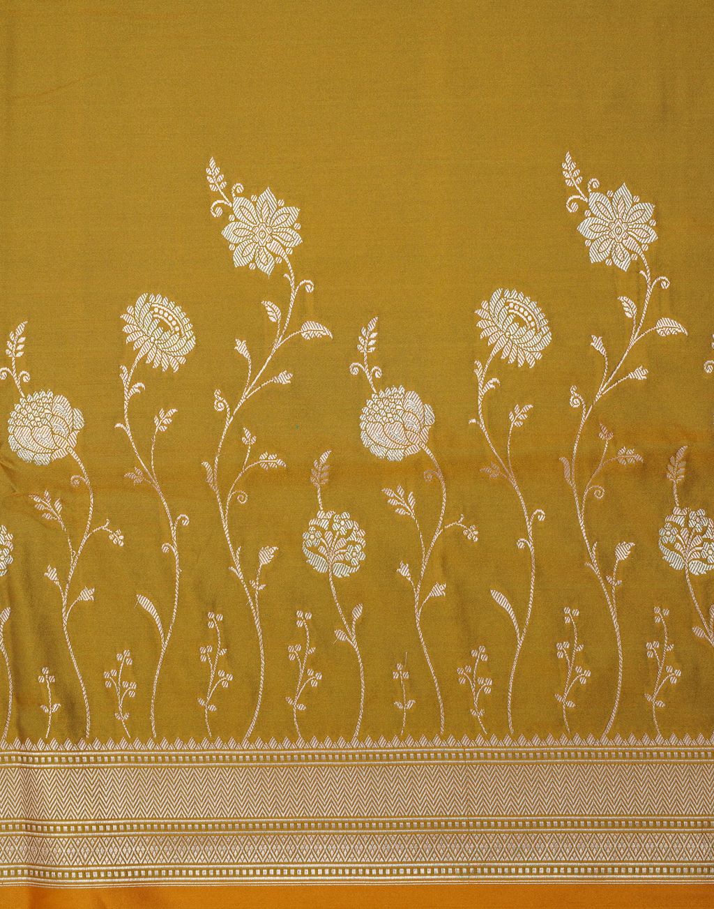 Mustard Gold Banarasi Mushroo Silk Saree with Floral Weaving & Zari Border
