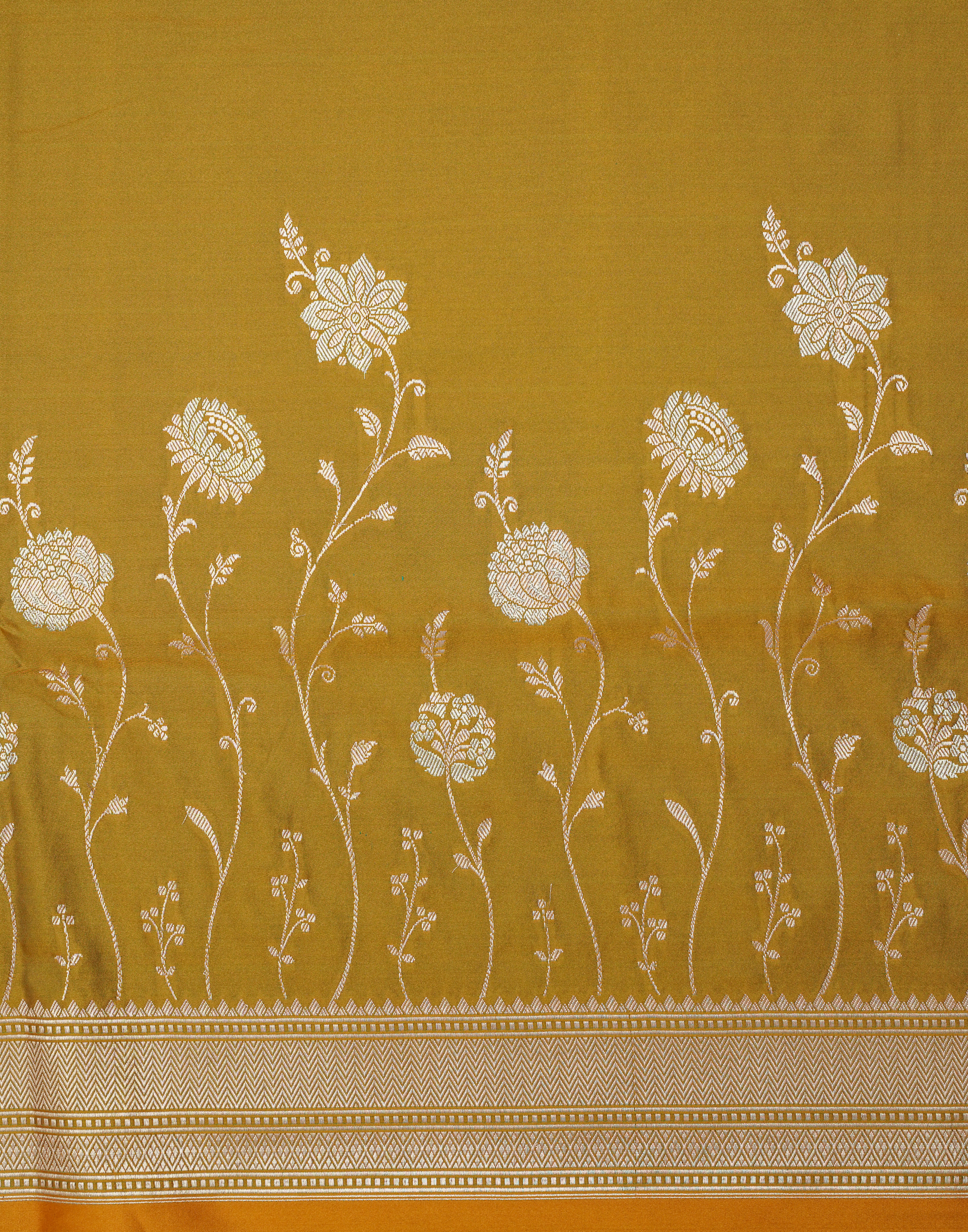 Mustard Gold Banarasi Mushroo Silk Saree with Floral Weaving & Zari Border