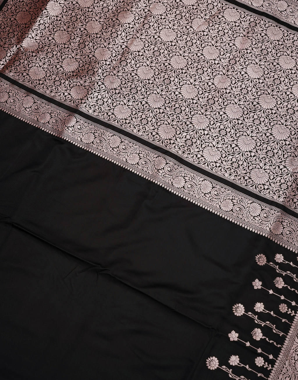 Black Banarasi Mushroo Silk Saree with Zari Border