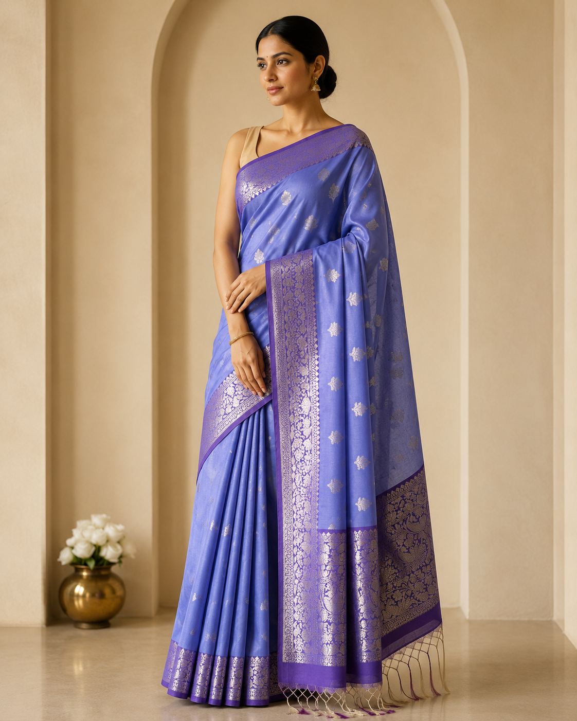 Katan Silk Saree with Contrast Border & Zari Buti Weaves