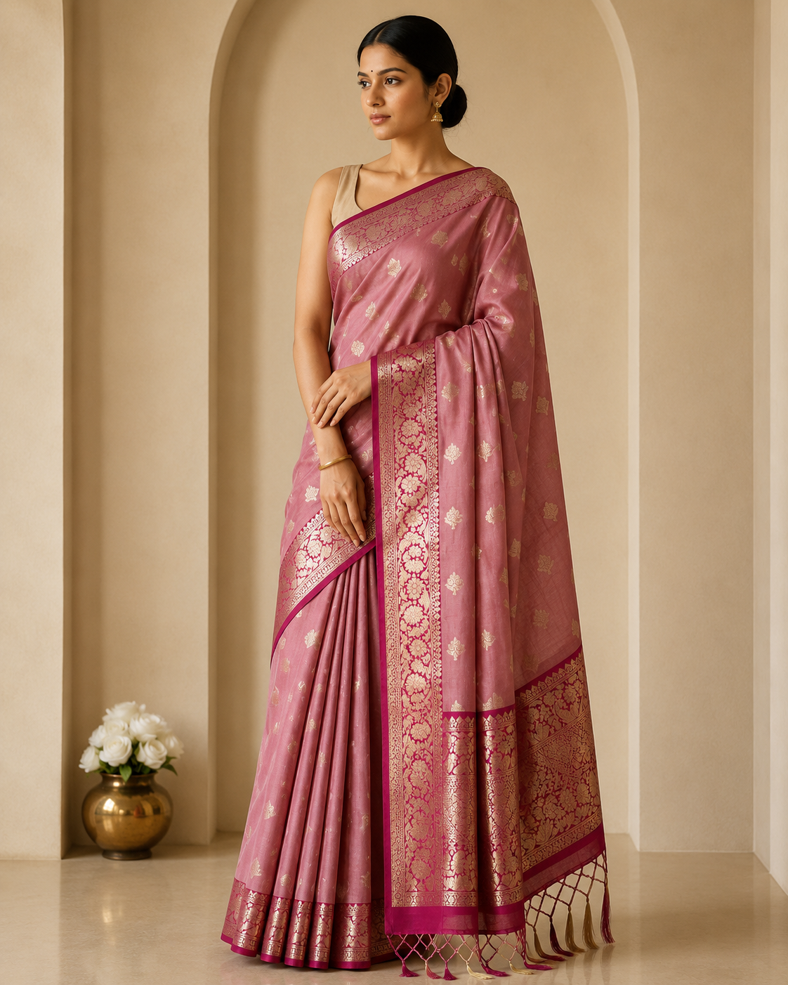 Katan Silk Saree with Contrast Border & Zari Buti Weaves