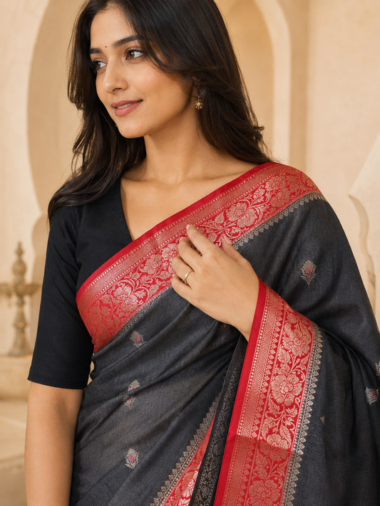 Chiniya Katan Saree with Contrast Pallu & Blouse