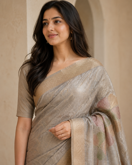 Semi Tusshar Saree with Weaving & Hand Brush Design