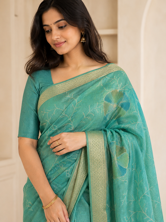 Semi Tusshar Saree with Weaving & Hand Brush Design
