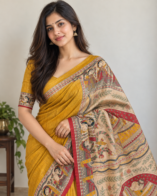 Pure Tusser Matka Madhubani Print Saree