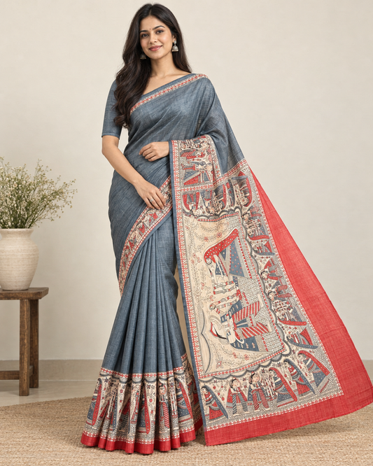 Pure Tusser Matka Madhubani Print Saree