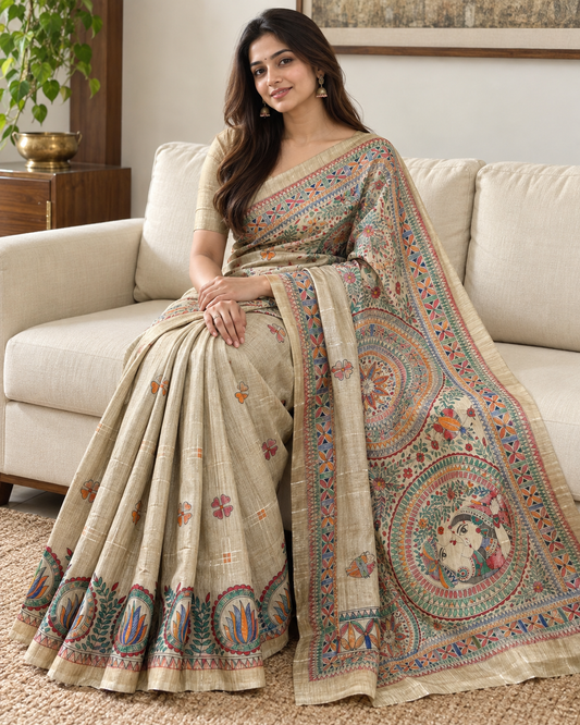 Pure Linen Madhubani Print Saree