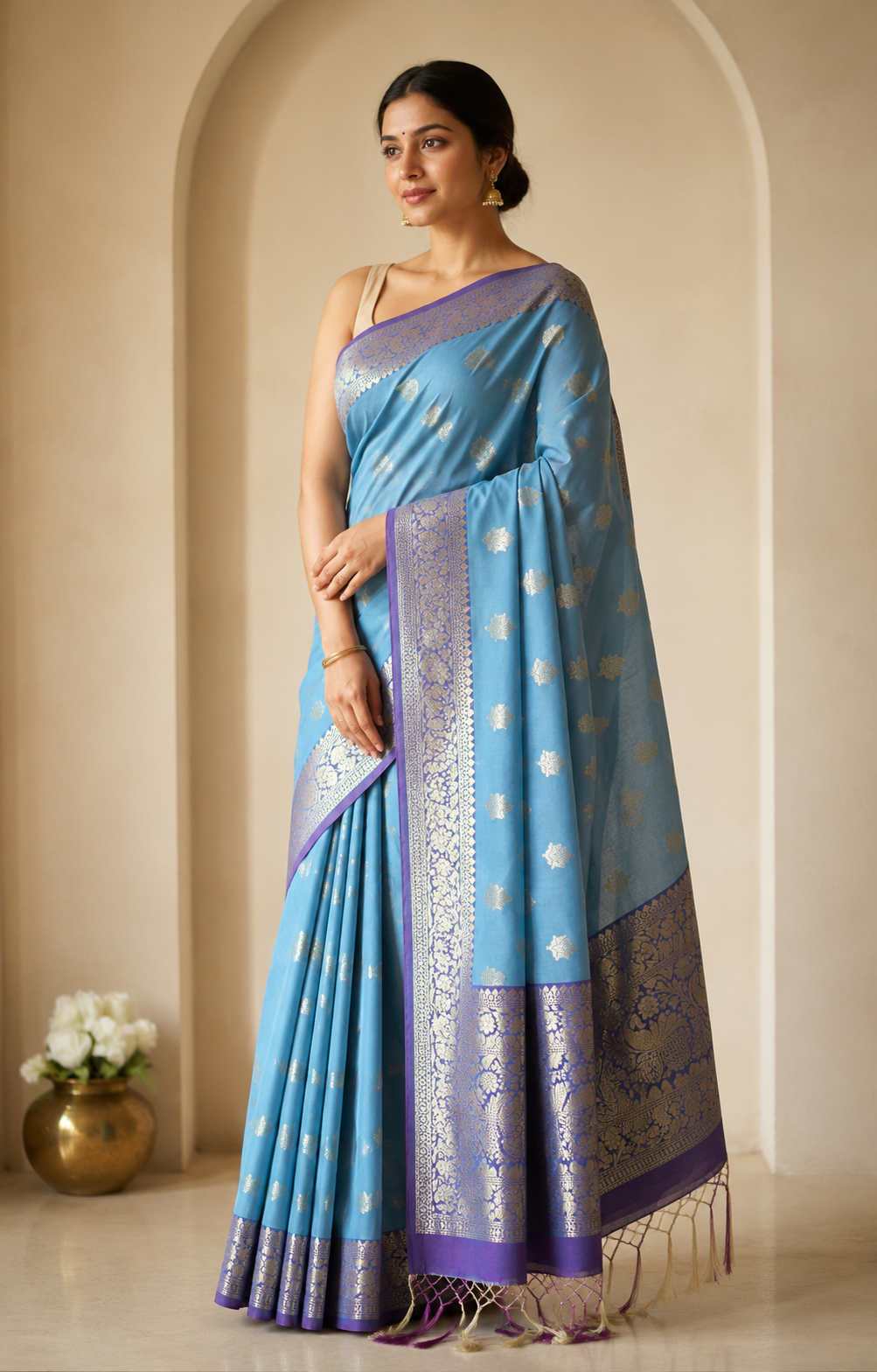 Katan Silk Saree with Contrast Border & Zari Buti Weaves