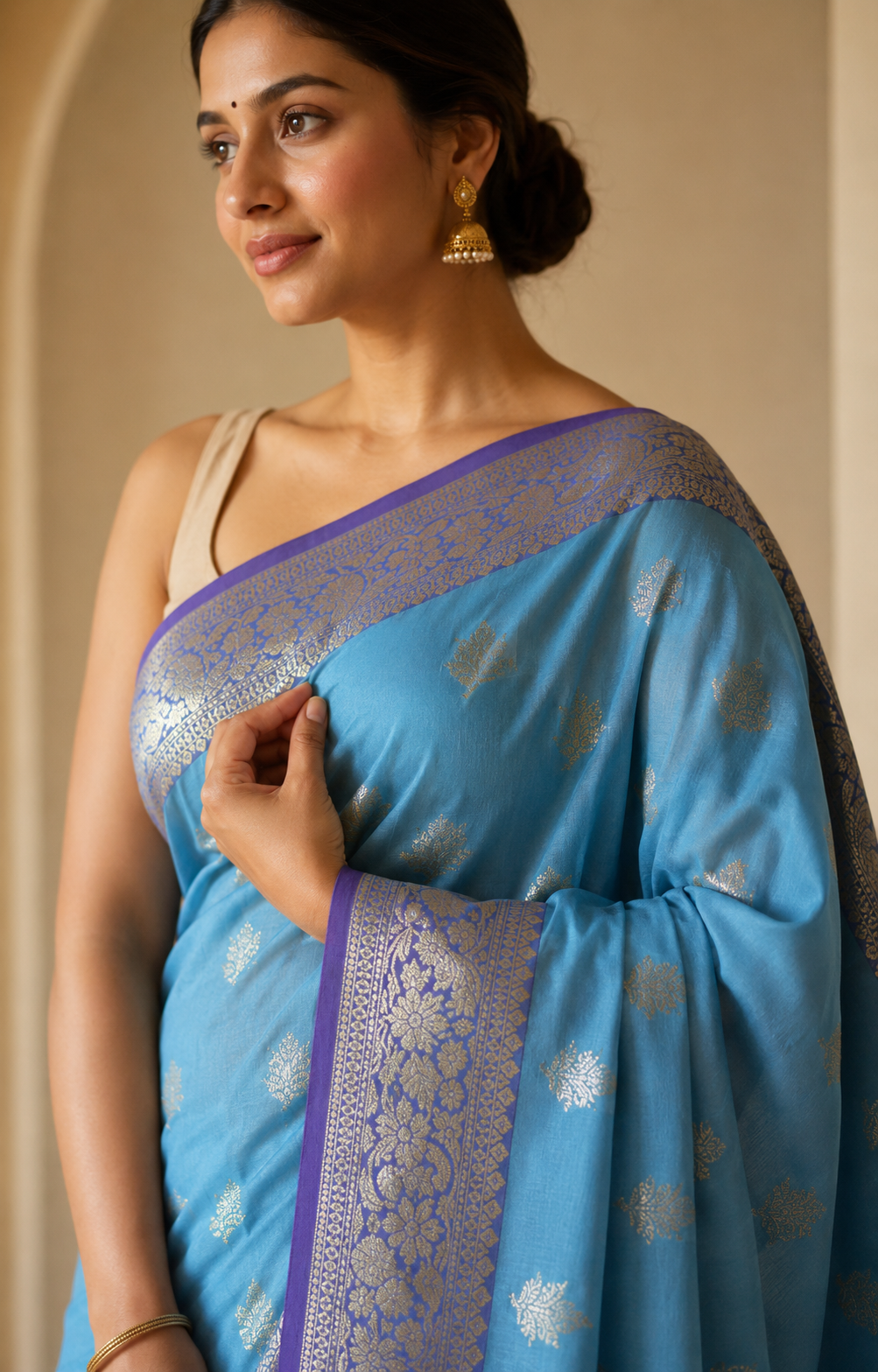 Katan Silk Saree with Contrast Border & Zari Buti Weaves