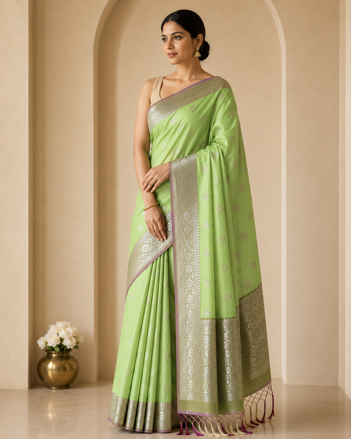 Katan Silk Saree with Contrast Border & Zari Buti Weaves