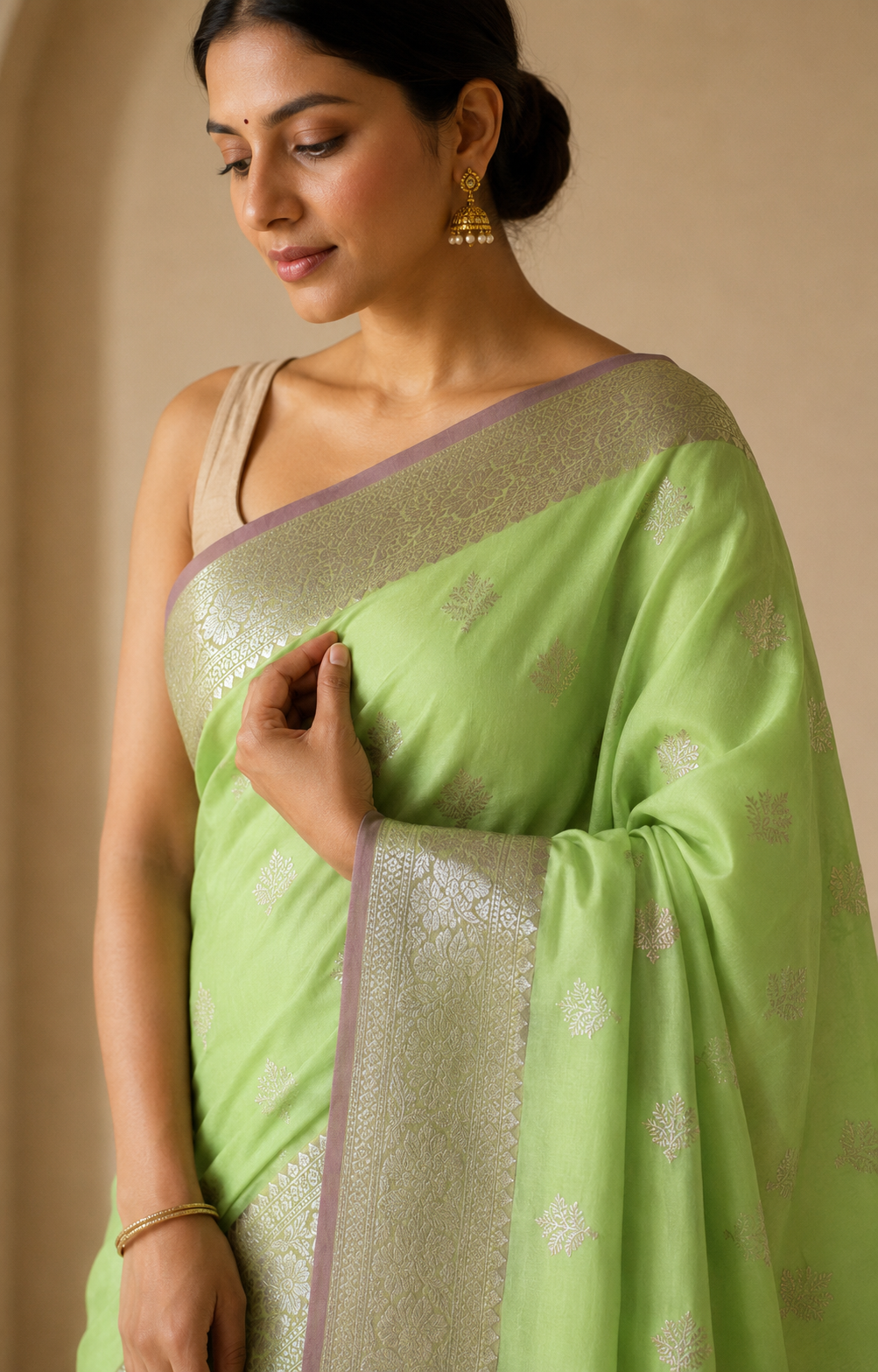 Katan Silk Saree with Contrast Border & Zari Buti Weaves