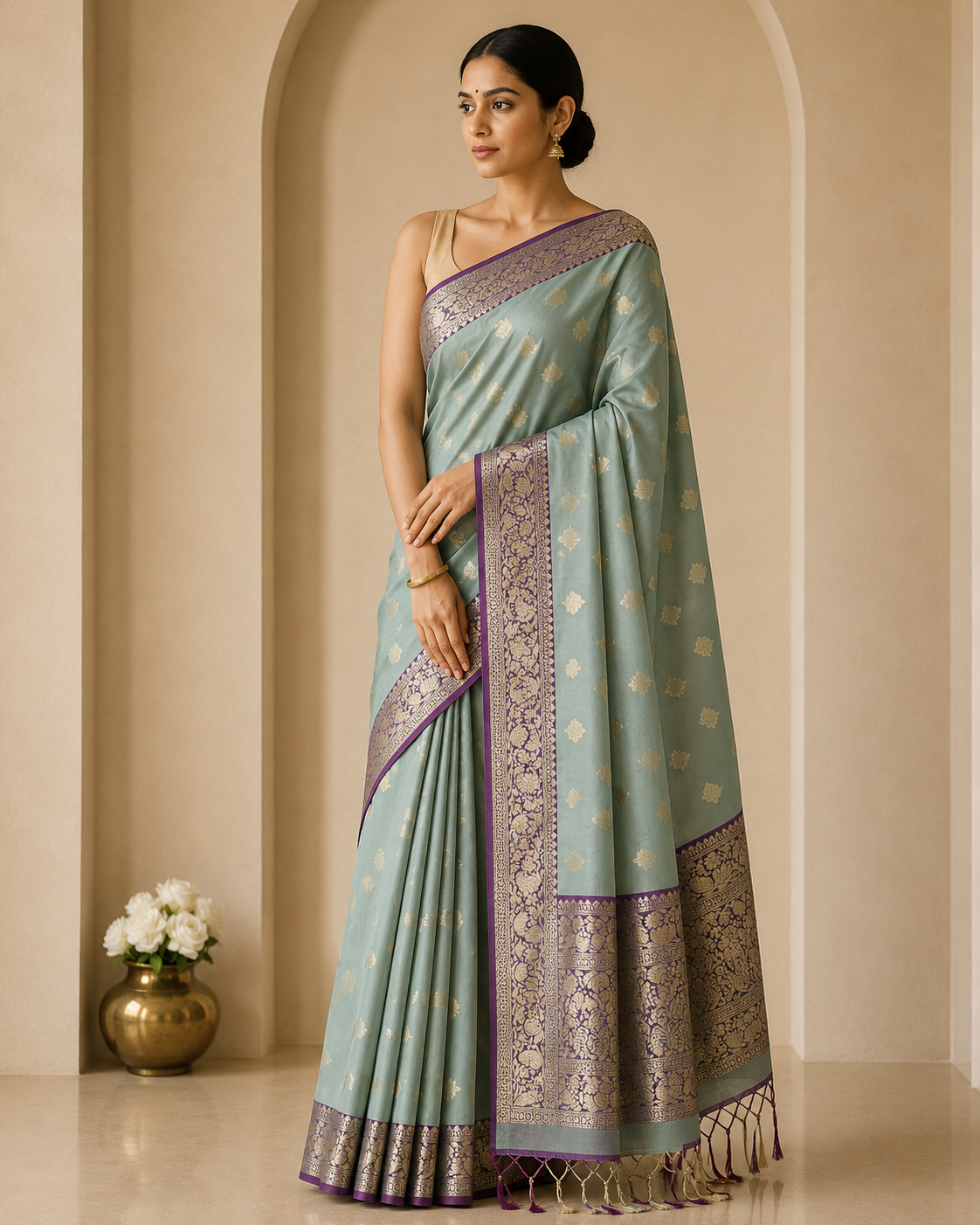 Katan Silk Saree with Contrast Border & Zari Buti Weaves