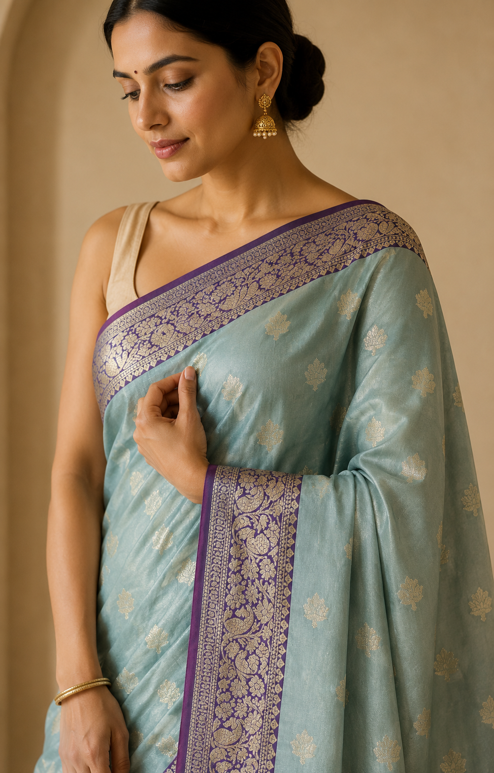 Katan Silk Saree with Contrast Border & Zari Buti Weaves