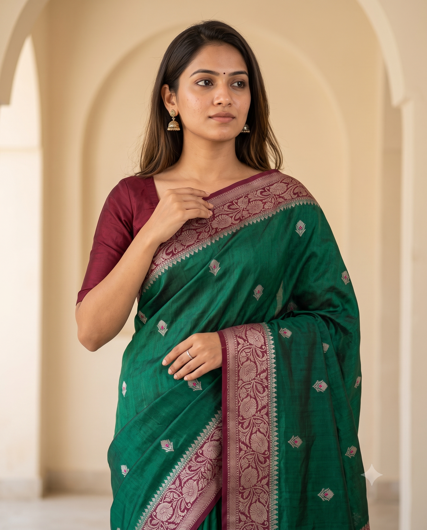 Chiniya Katan Saree with Contrast Pallu & Blouse