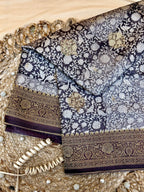 Slate Grey Kora Satin Saree with Block Print & Woven Border