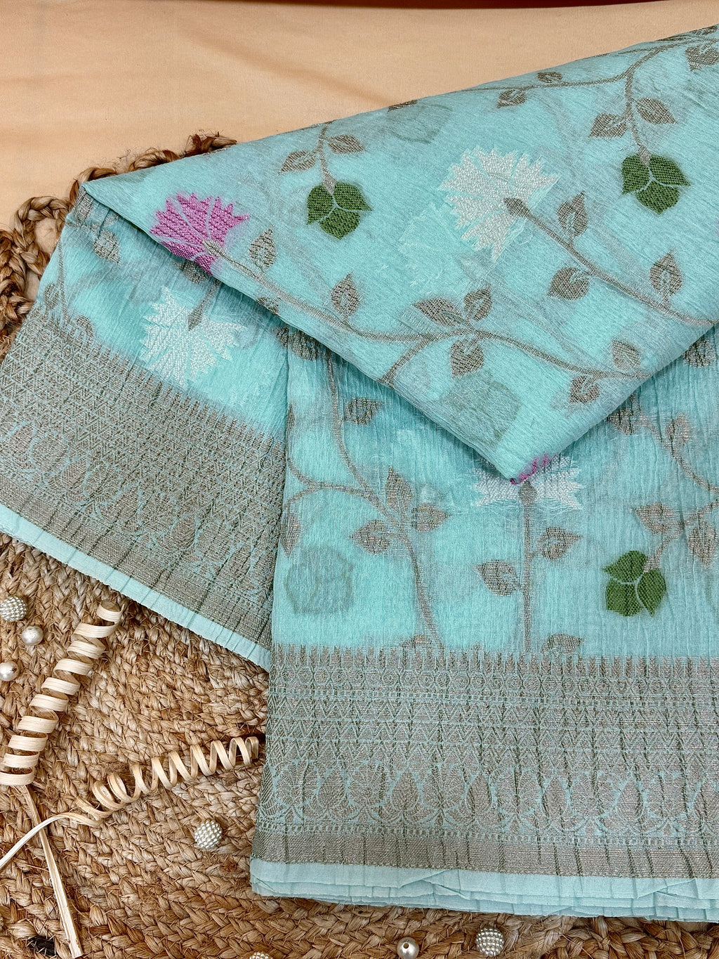 Aqua Blue Pure Mercerised Cotton Saree with Crush Texture