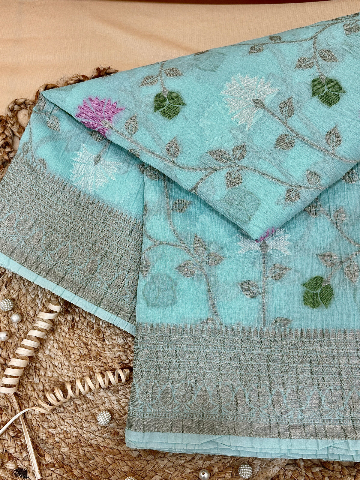 Aqua Blue Pure Mercerised Cotton Saree with Crush Texture