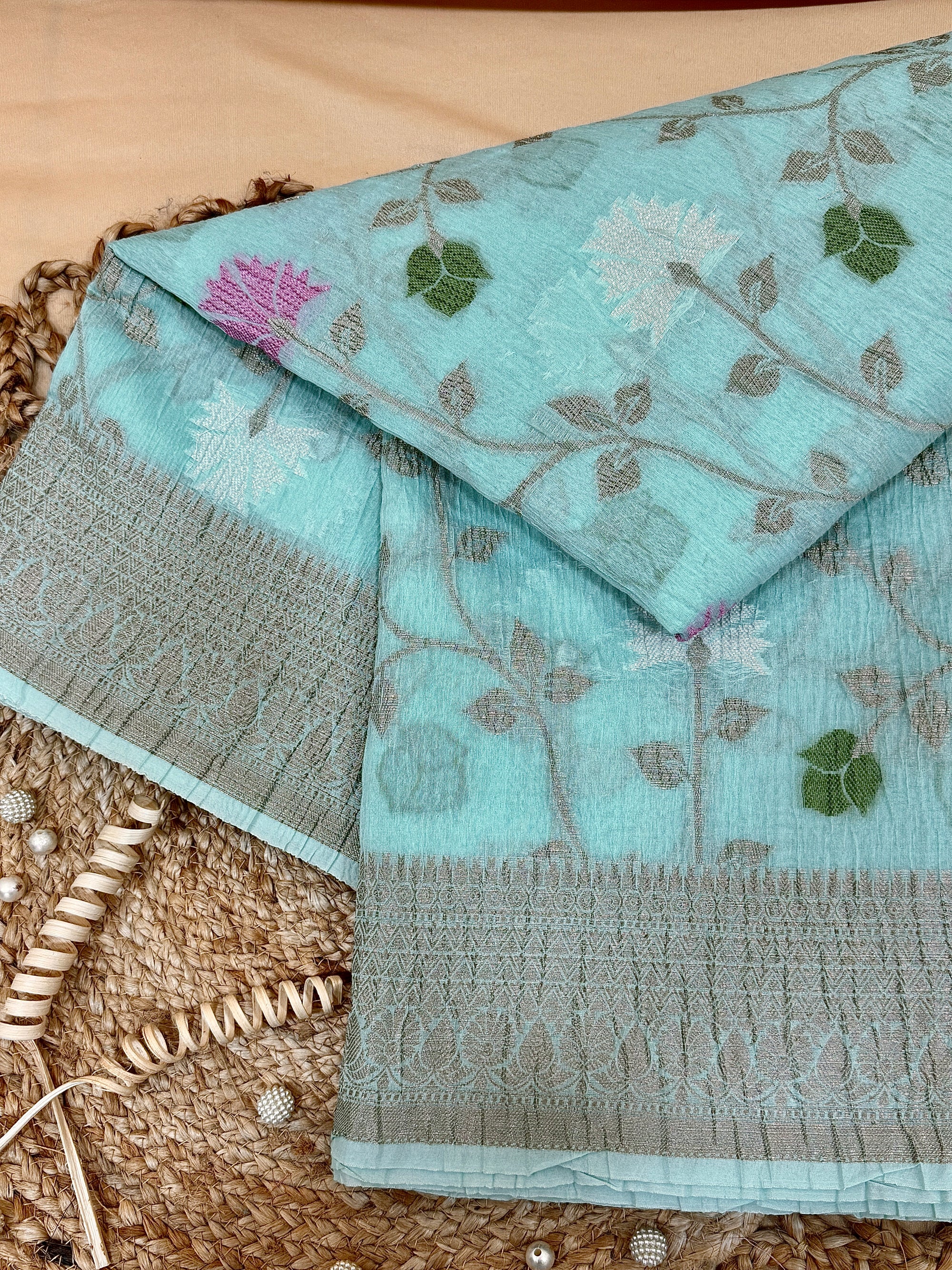 Aqua Blue Pure Mercerised Cotton Saree with Crush Texture