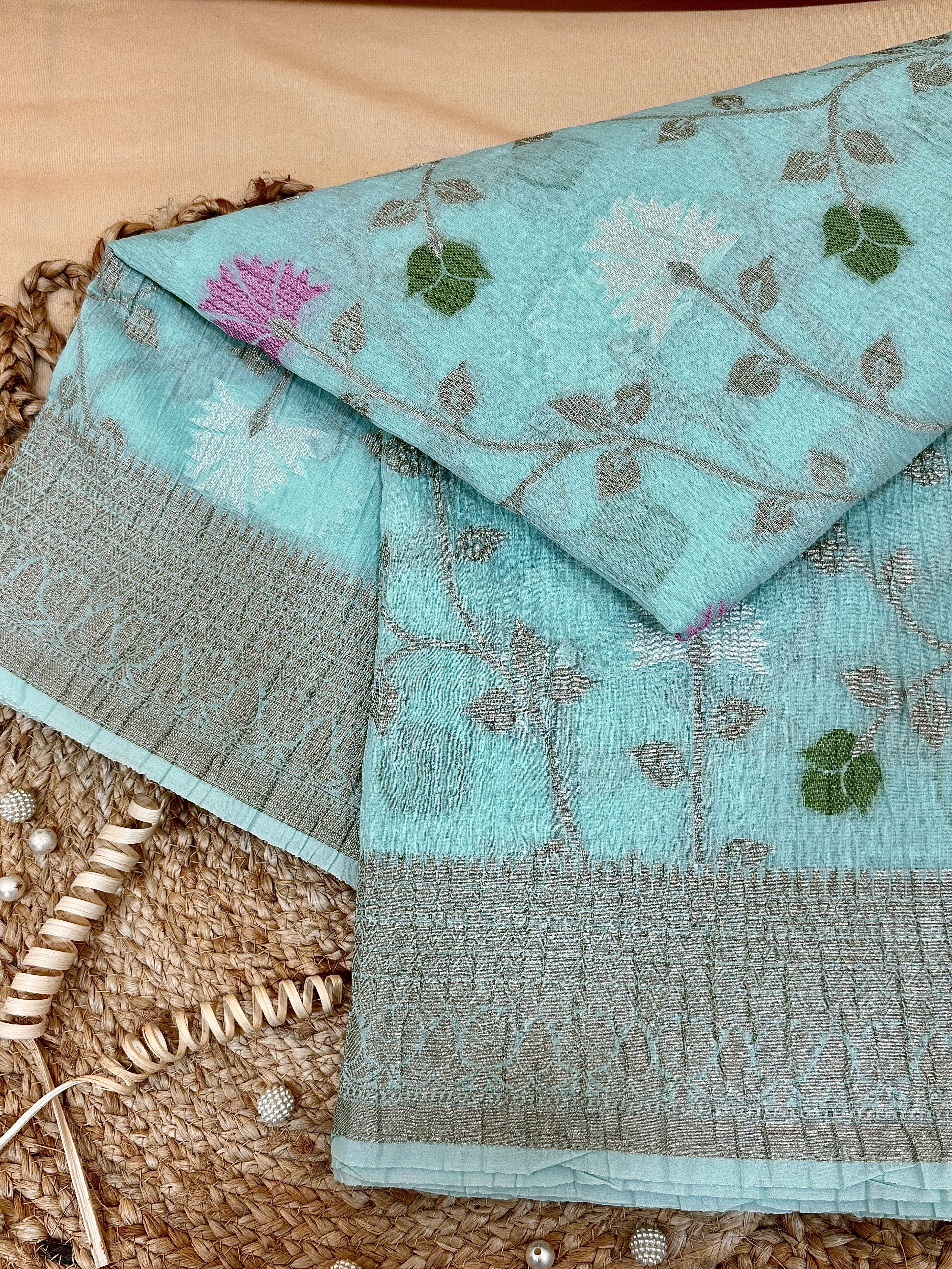 Aqua Blue Pure Mercerised Cotton Saree with Crush Texture