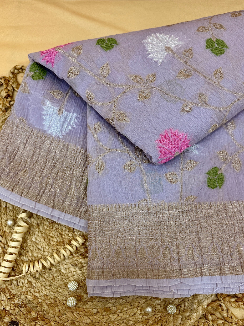 Lavender Pure Mercerised Cotton Saree with Crush Texture