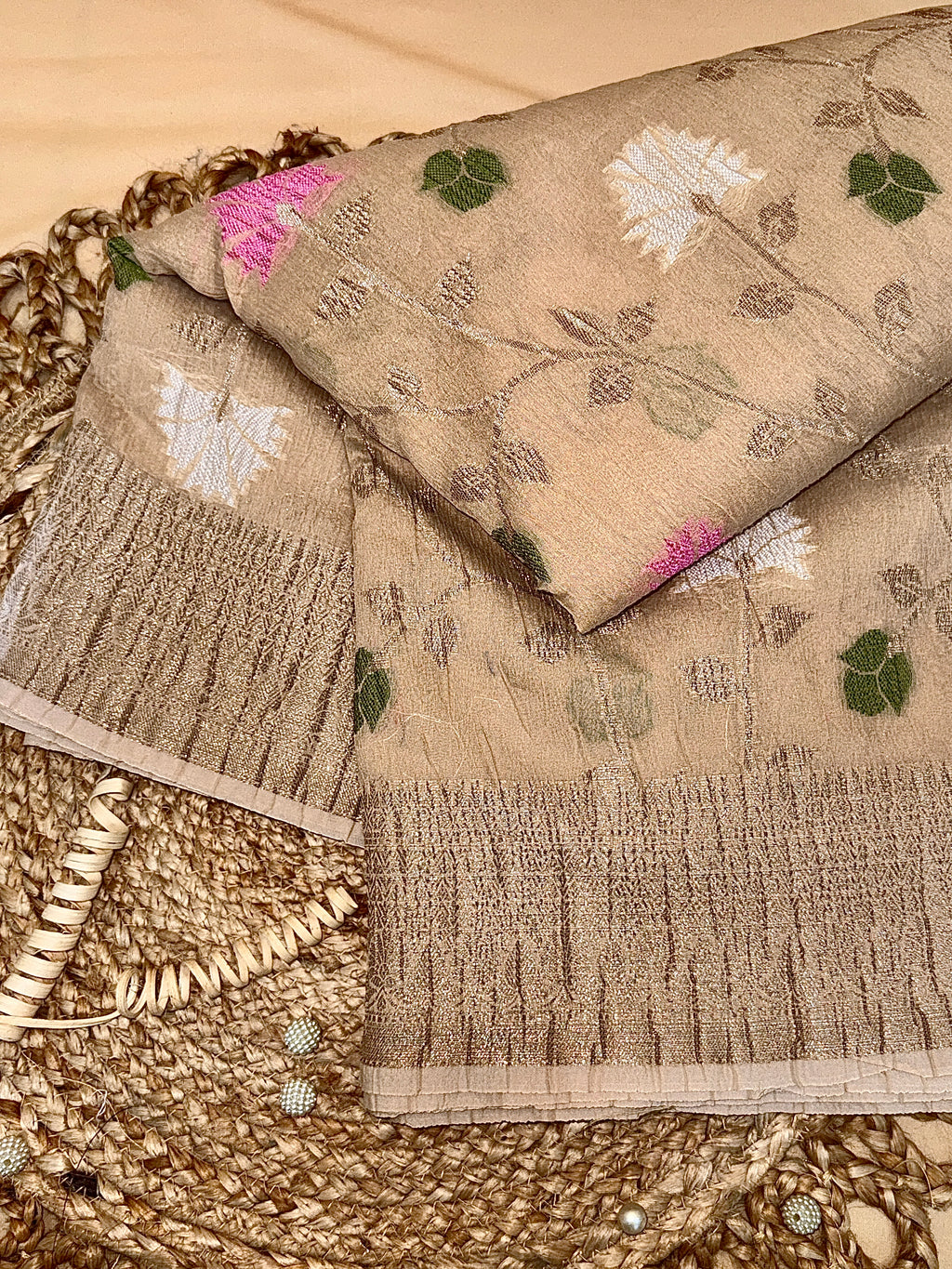 Beige Pure Mercerised Cotton Saree with Crush Texture
