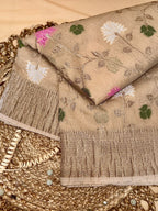 Beige Pure Mercerised Cotton Saree with Crush Texture