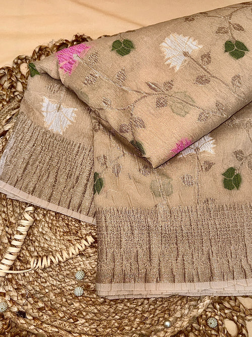 Beige Pure Mercerised Cotton Saree with Crush Texture
