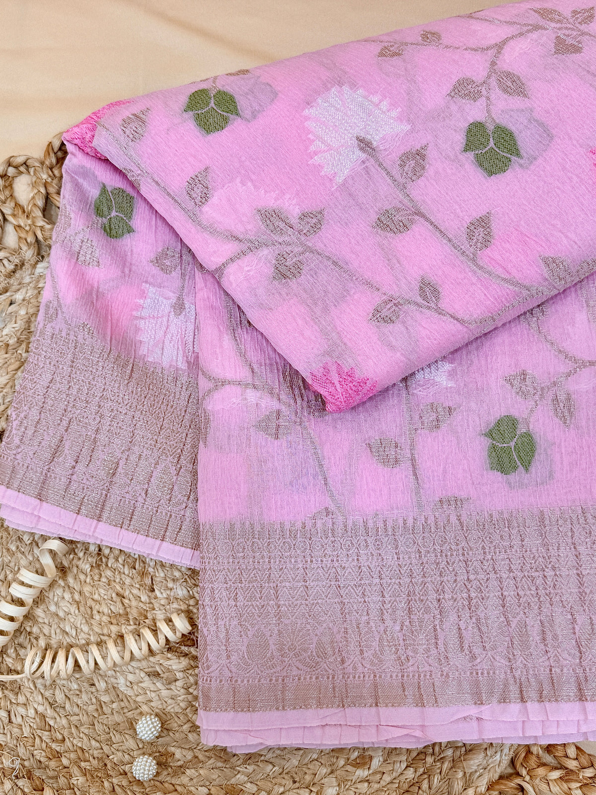 Baby Pink Pure Mercerised Cotton Saree with Crush Texture