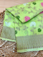 Lime Green Pure Mercerised Cotton Saree with Crush Texture