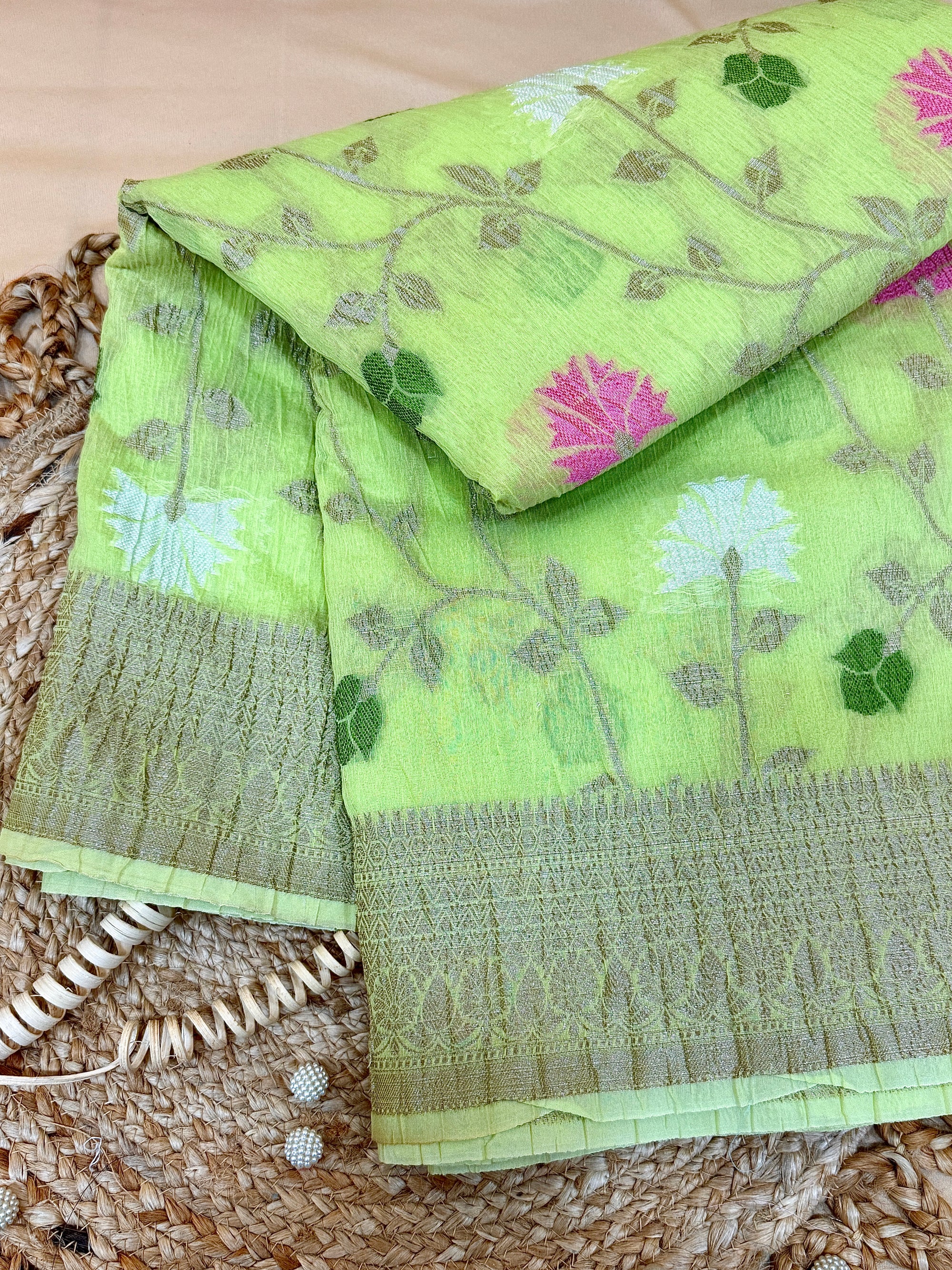 Lime Green Pure Mercerised Cotton Saree with Crush Texture