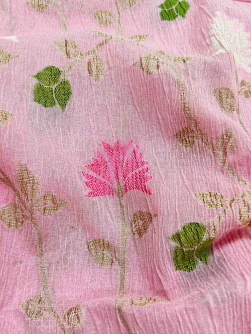 Baby Pink Pure Mercerised Cotton Saree with Crush Texture