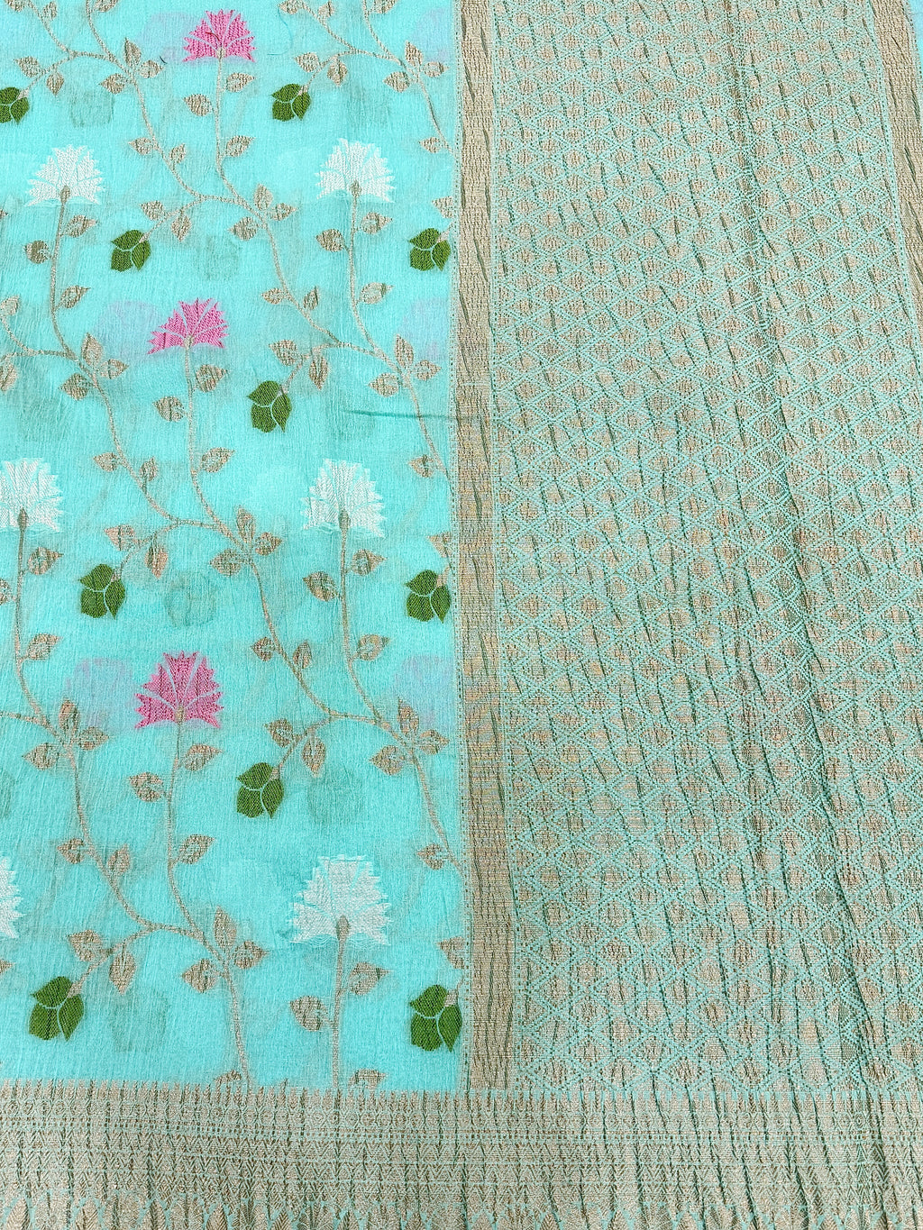 Aqua Blue Pure Mercerised Cotton Saree with Crush Texture