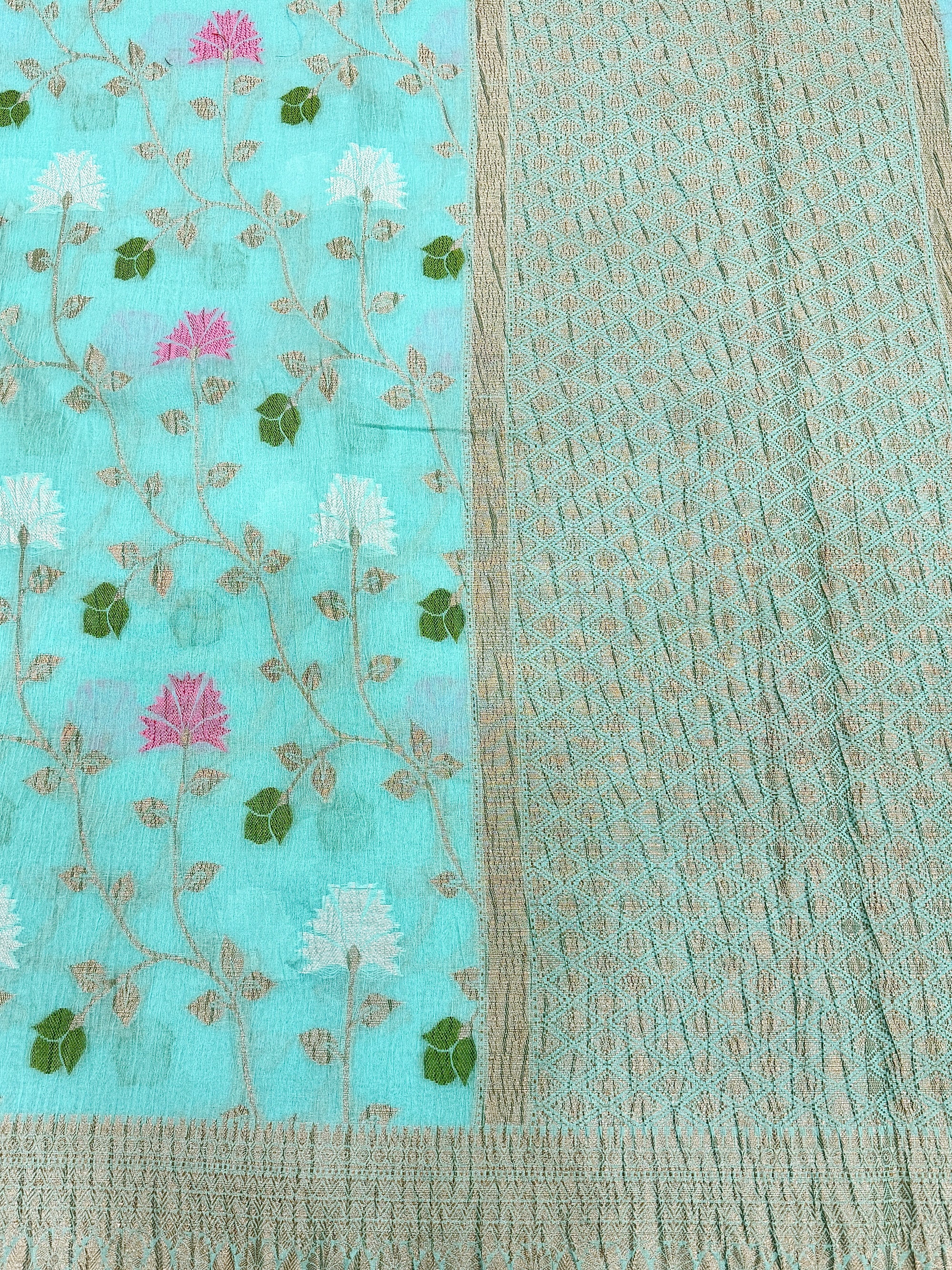 Aqua Blue Pure Mercerised Cotton Saree with Crush Texture
