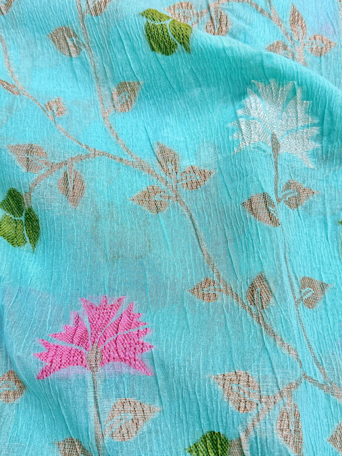 Aqua Blue Pure Mercerised Cotton Saree with Crush Texture
