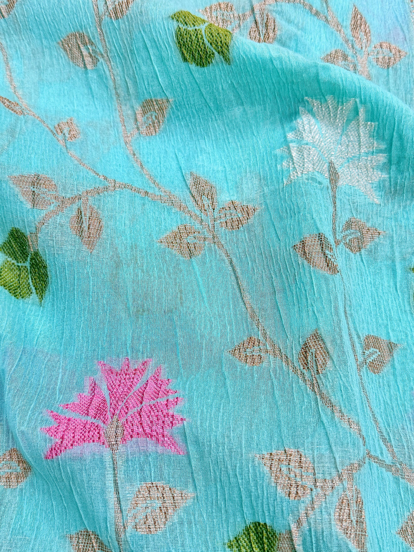 Aqua Blue Pure Mercerised Cotton Saree with Crush Texture