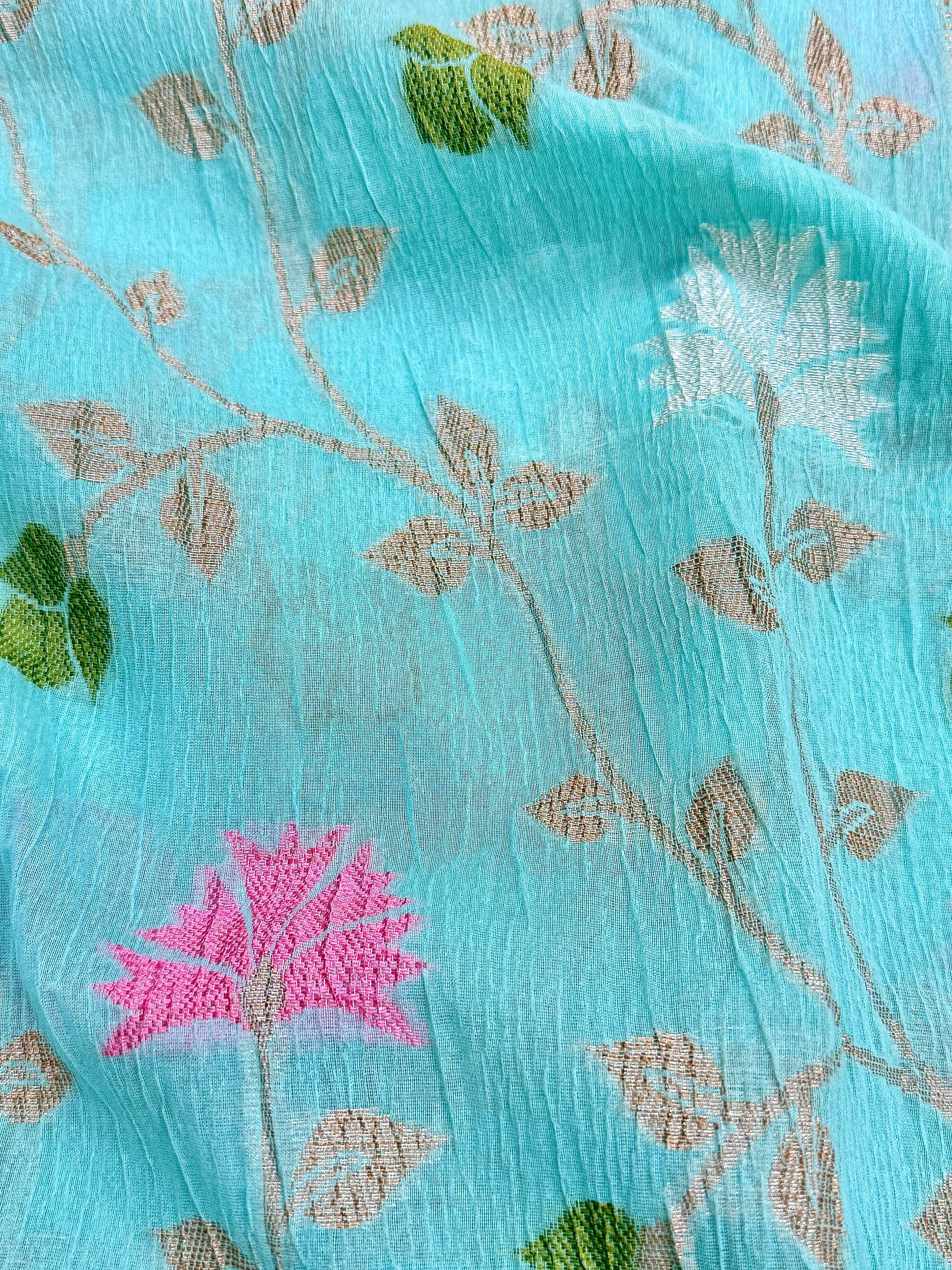 Aqua Blue Pure Mercerised Cotton Saree with Crush Texture
