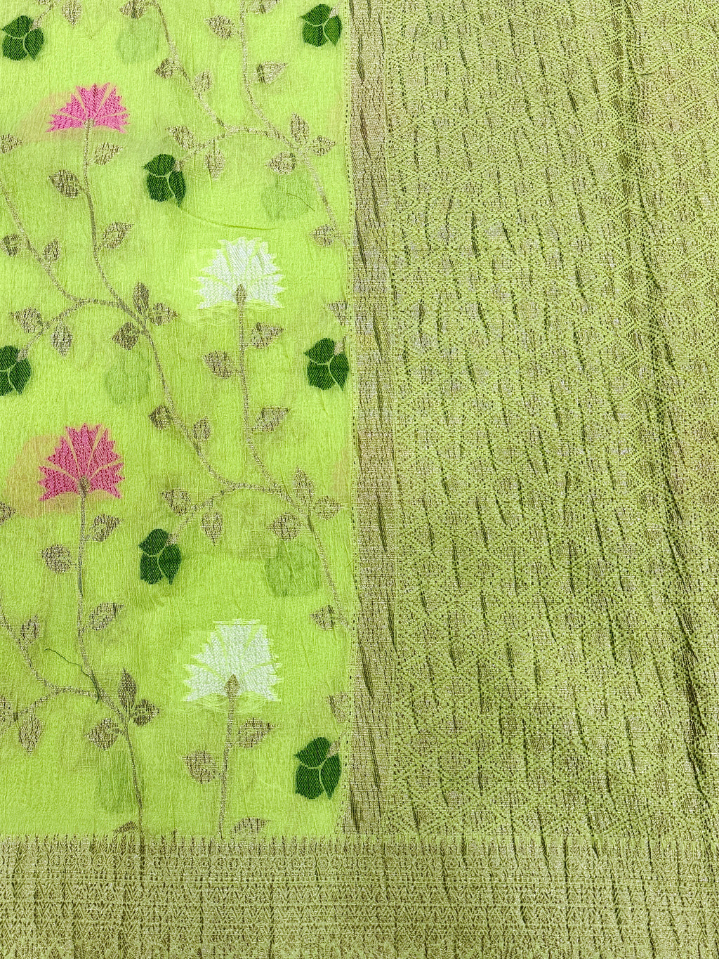 Lime Green Pure Mercerised Cotton Saree with Crush Texture