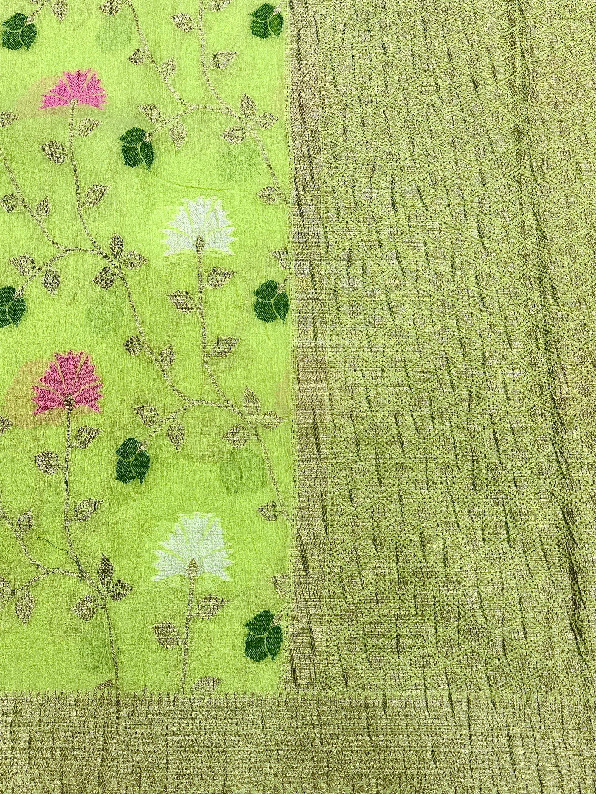 Lime Green Pure Mercerised Cotton Saree with Crush Texture