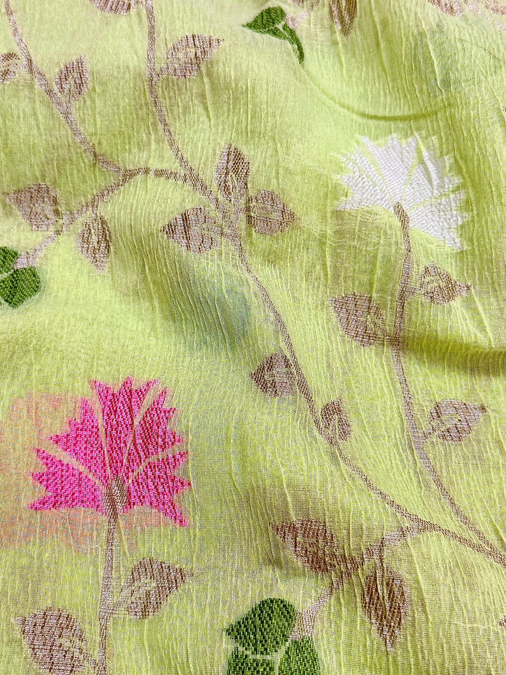 Lime Green Pure Mercerised Cotton Saree with Crush Texture