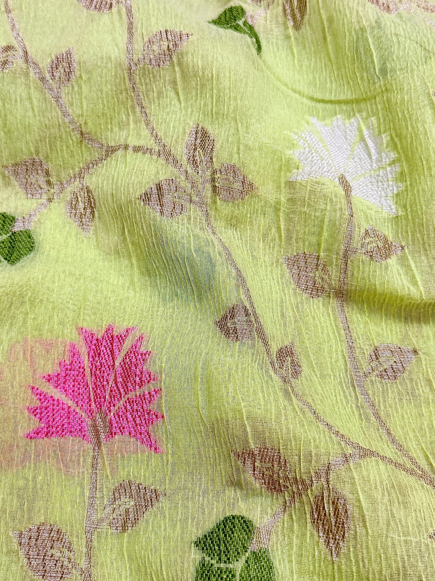 Lime Green Pure Mercerised Cotton Saree with Crush Texture