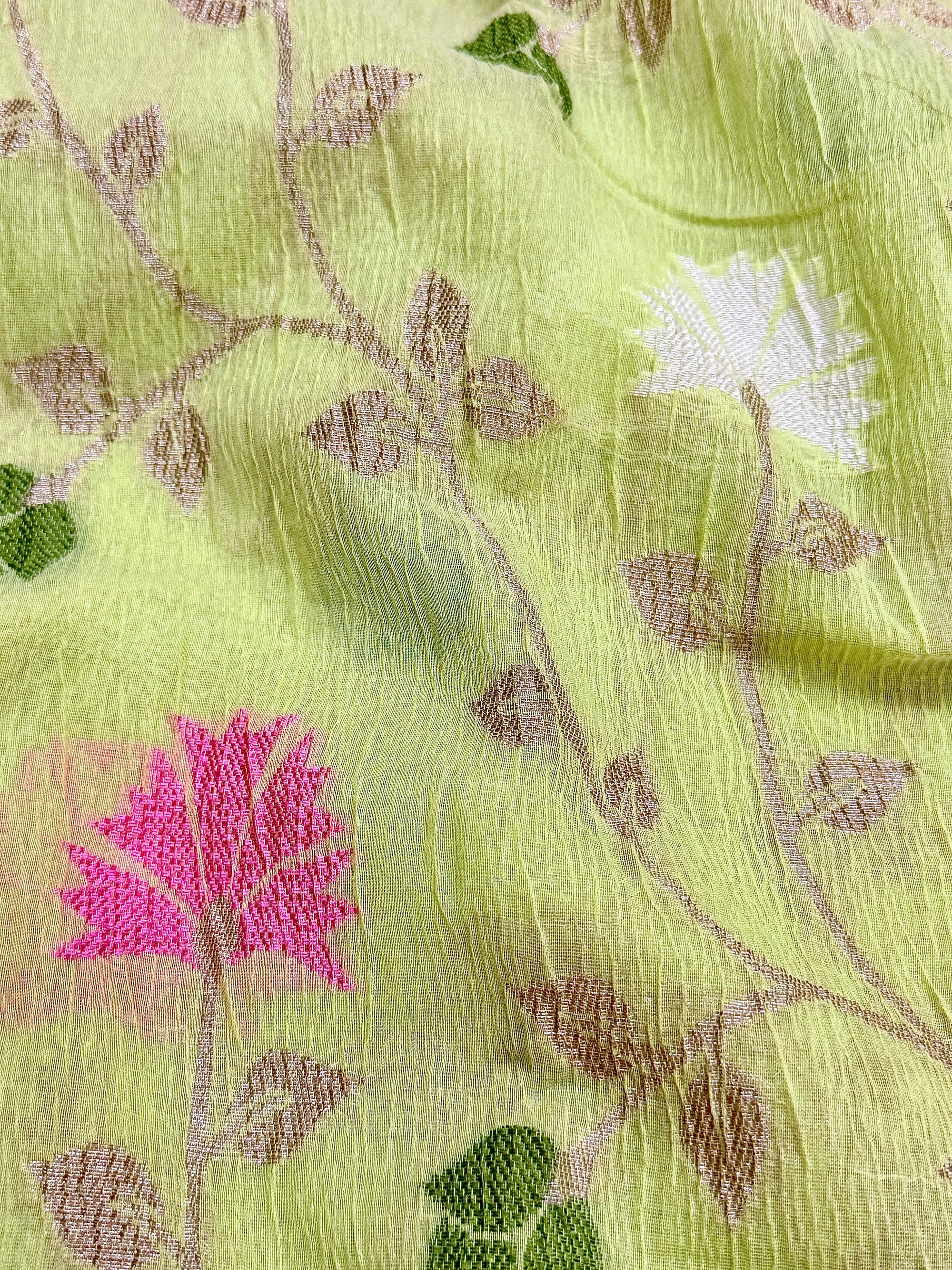 Lime Green Pure Mercerised Cotton Saree with Crush Texture