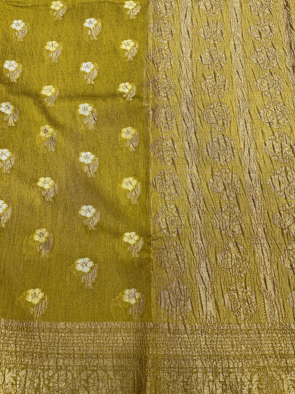 Olive Green Pure Mercerised Cotton Saree with Crush Texture